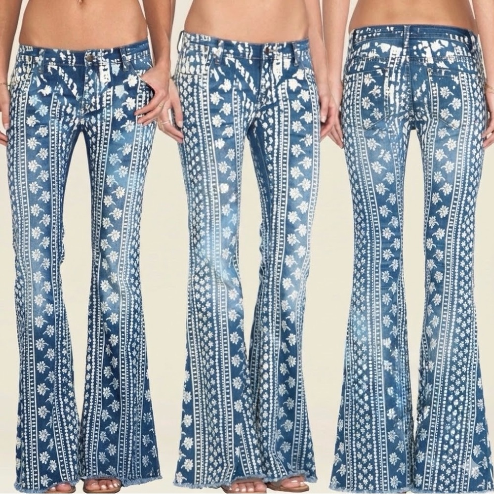 Free People Indigo and White Patterned Flare Jeans